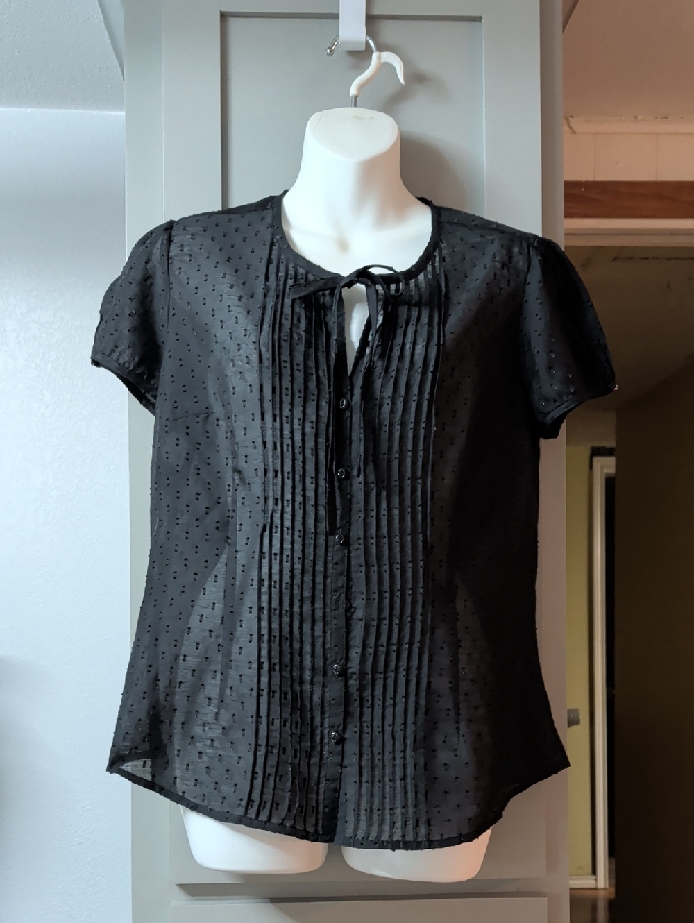 LOFT Black Short-Sleeve Pintuck Tie-Front Blouse